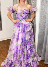 Art Purple Ruffled Asymmetrical Print Chiffon Dress Summer 2