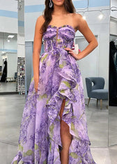 Art Purple Ruffled Asymmetrical Print Chiffon Dress Summer 4
