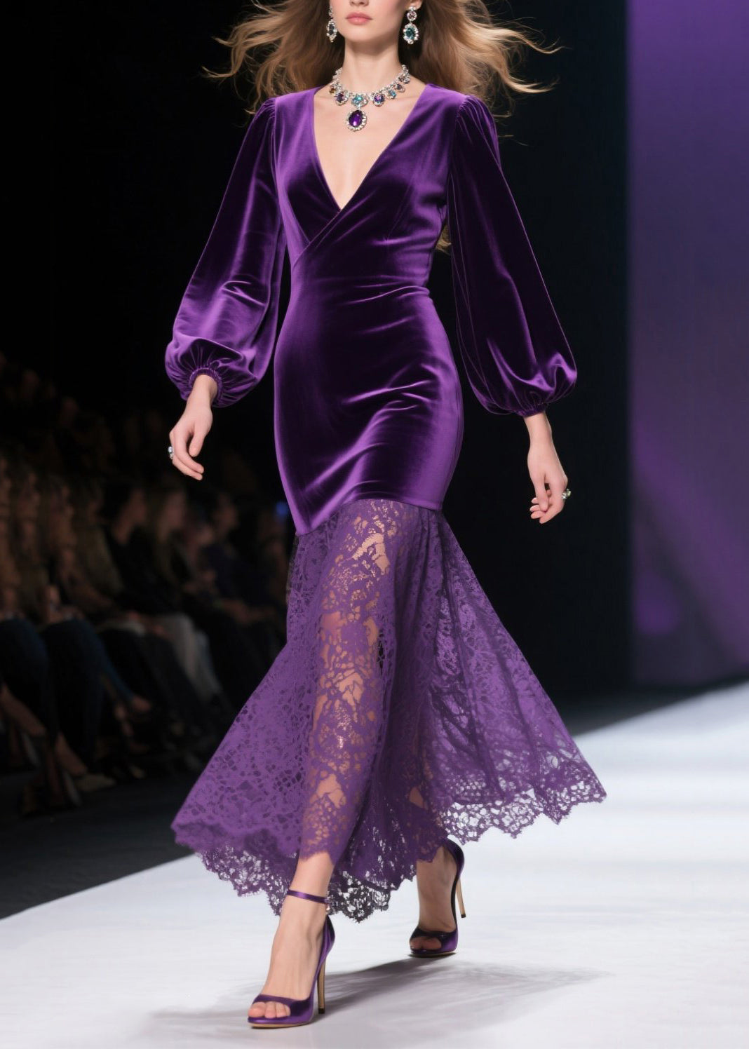 Velvet Wrap V-Neck Bishop Sleeve Lace Skirt Mermaid Maxi Gown