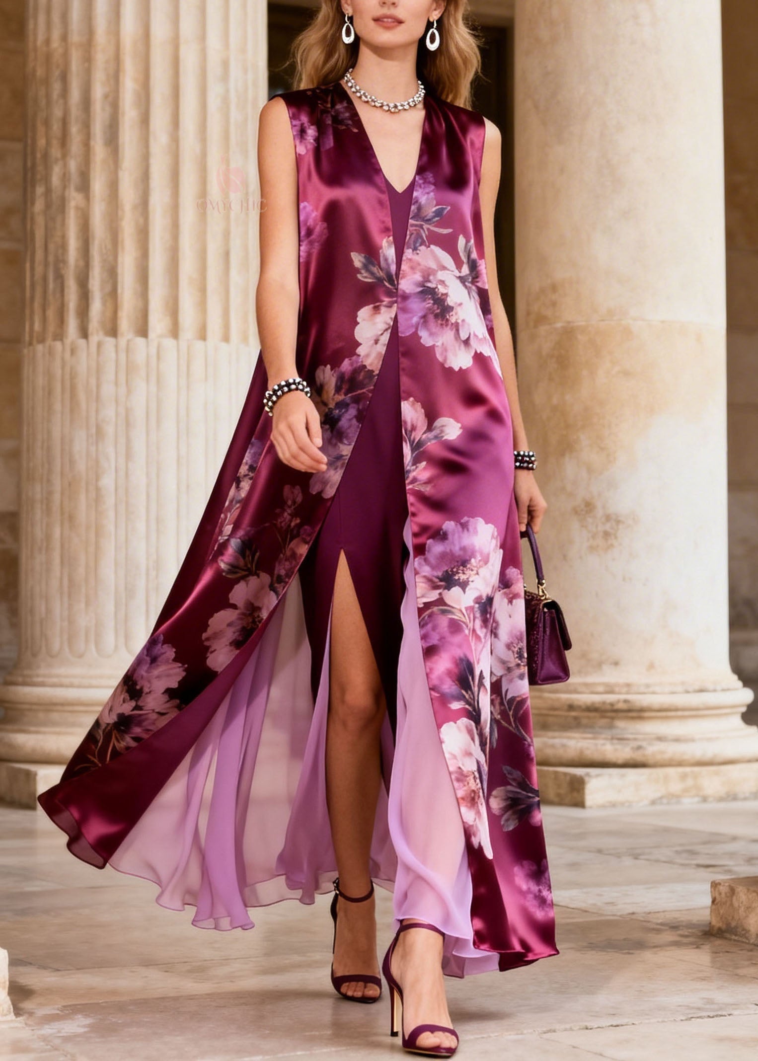 Floral Print Sleeveless Open Duster Overlay High Split Faux Two Piece Satin Maxi Dress
