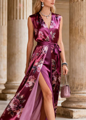 Art Purple V Neck Print Lace Up Silk Maxi Dresses Summer - View 2