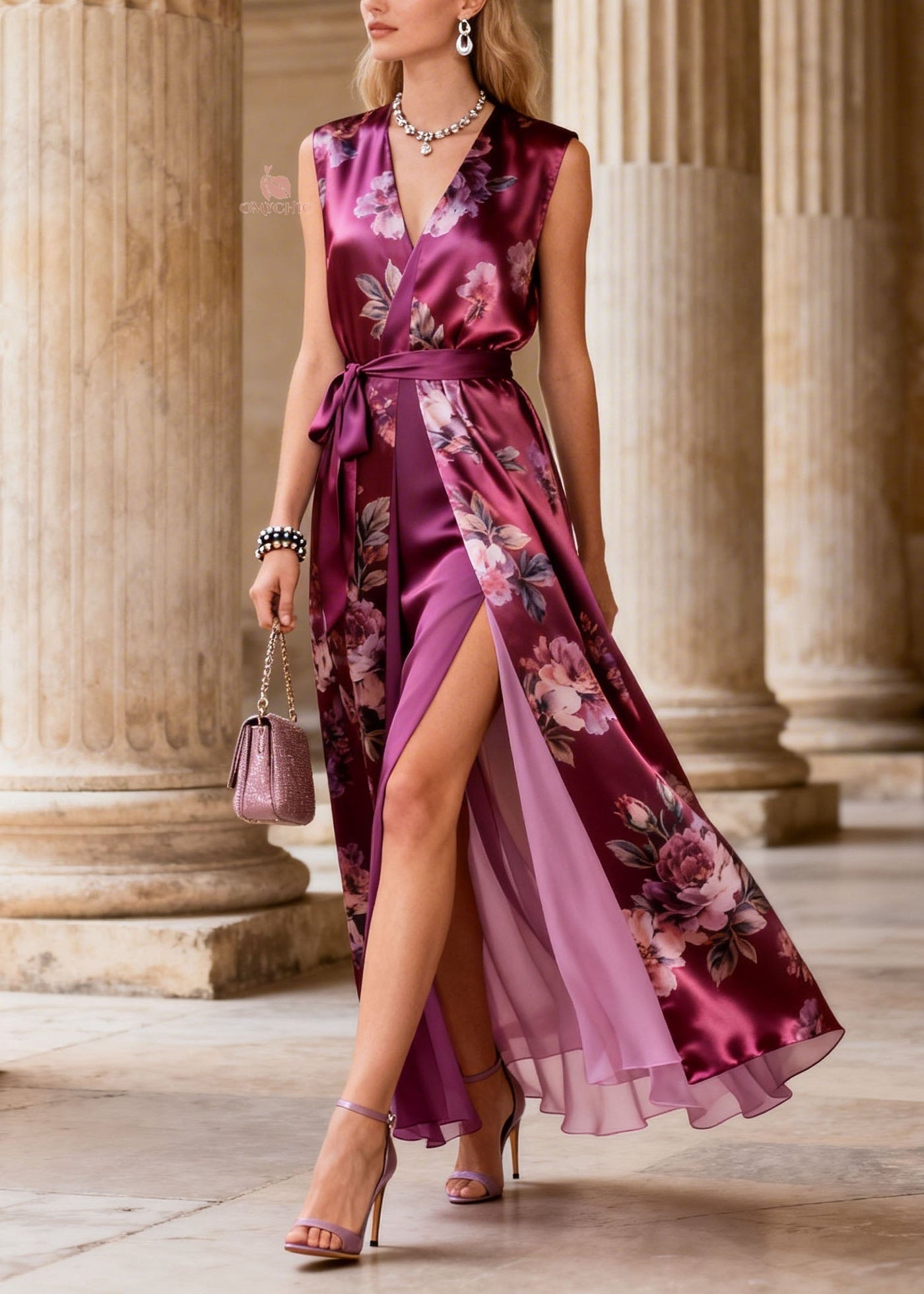 Art Purple V Neck Print Lace Up Silk Maxi Dresses Summer - View 3