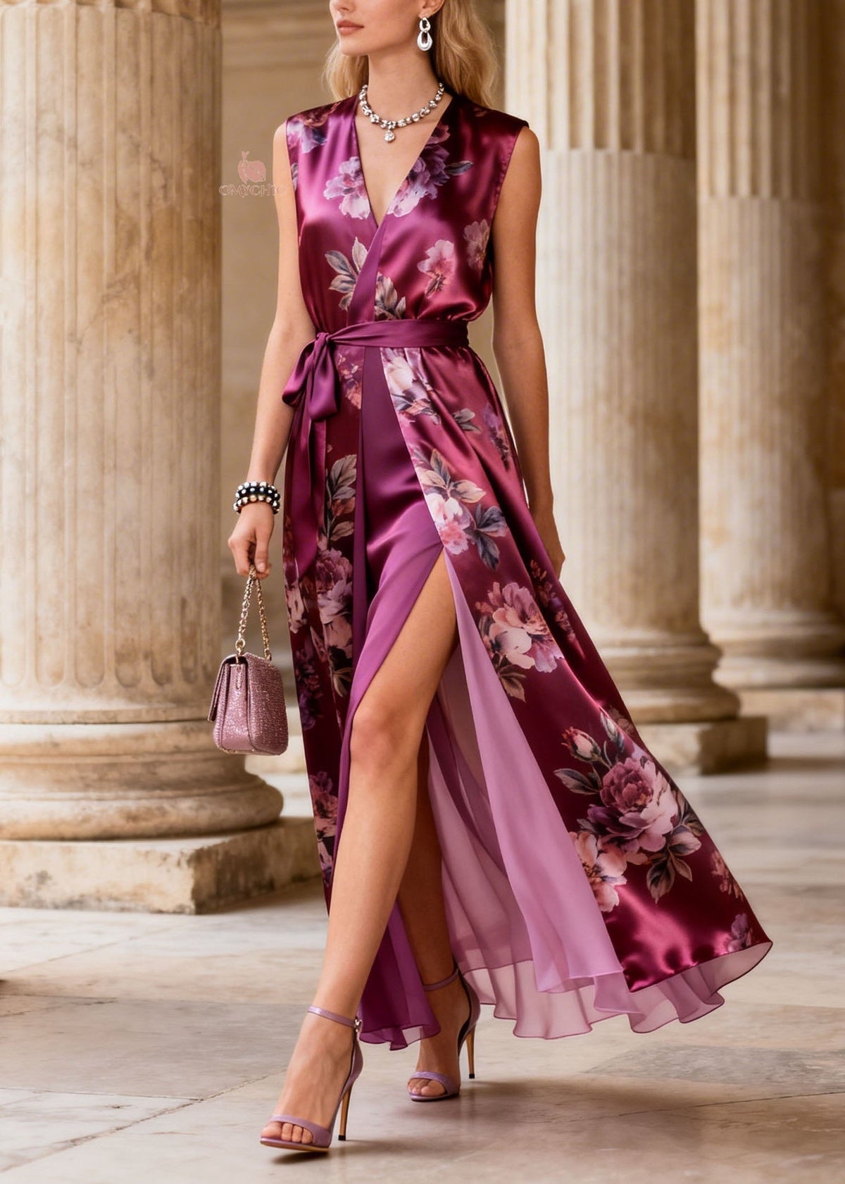 Floral Print Satin V-Neck Sleeveless Tie Waist High Split Maxi Dress 3