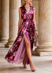 Art Purple V Neck Print Lace Up Silk Maxi Dresses Summer - View 5