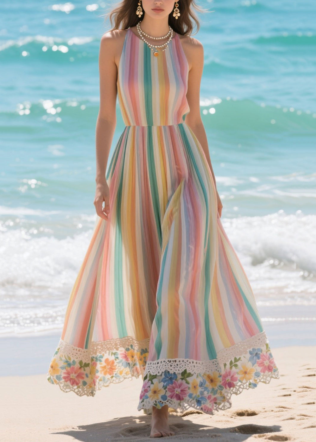Halter Neck Sleeveless Striped Lace Trim Chiffon Maxi Dress