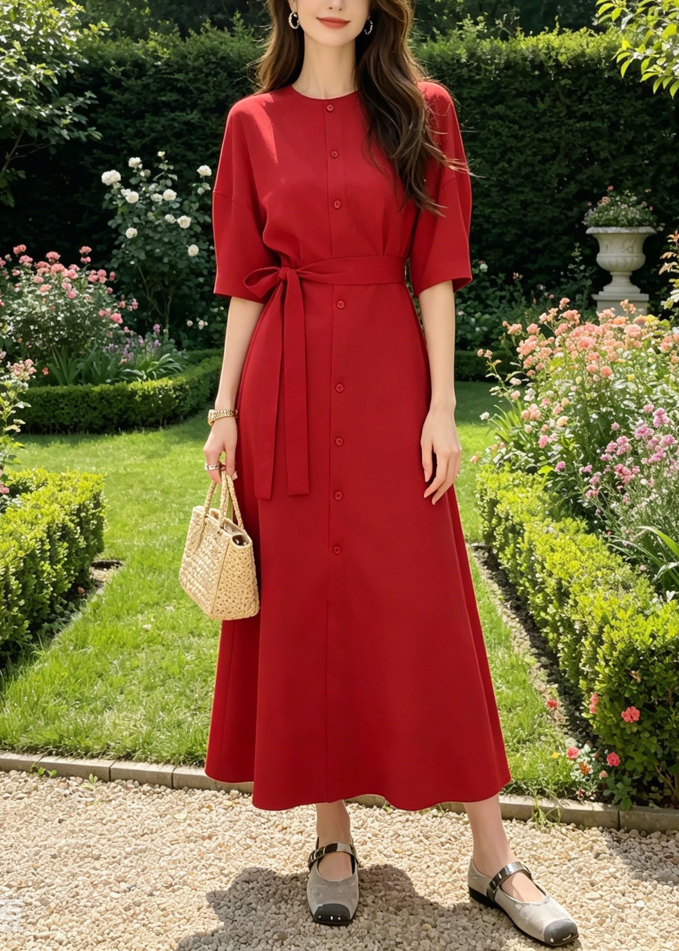 Art Red O-Neck Tie Waist Button Maxi Shirt Dress Summer