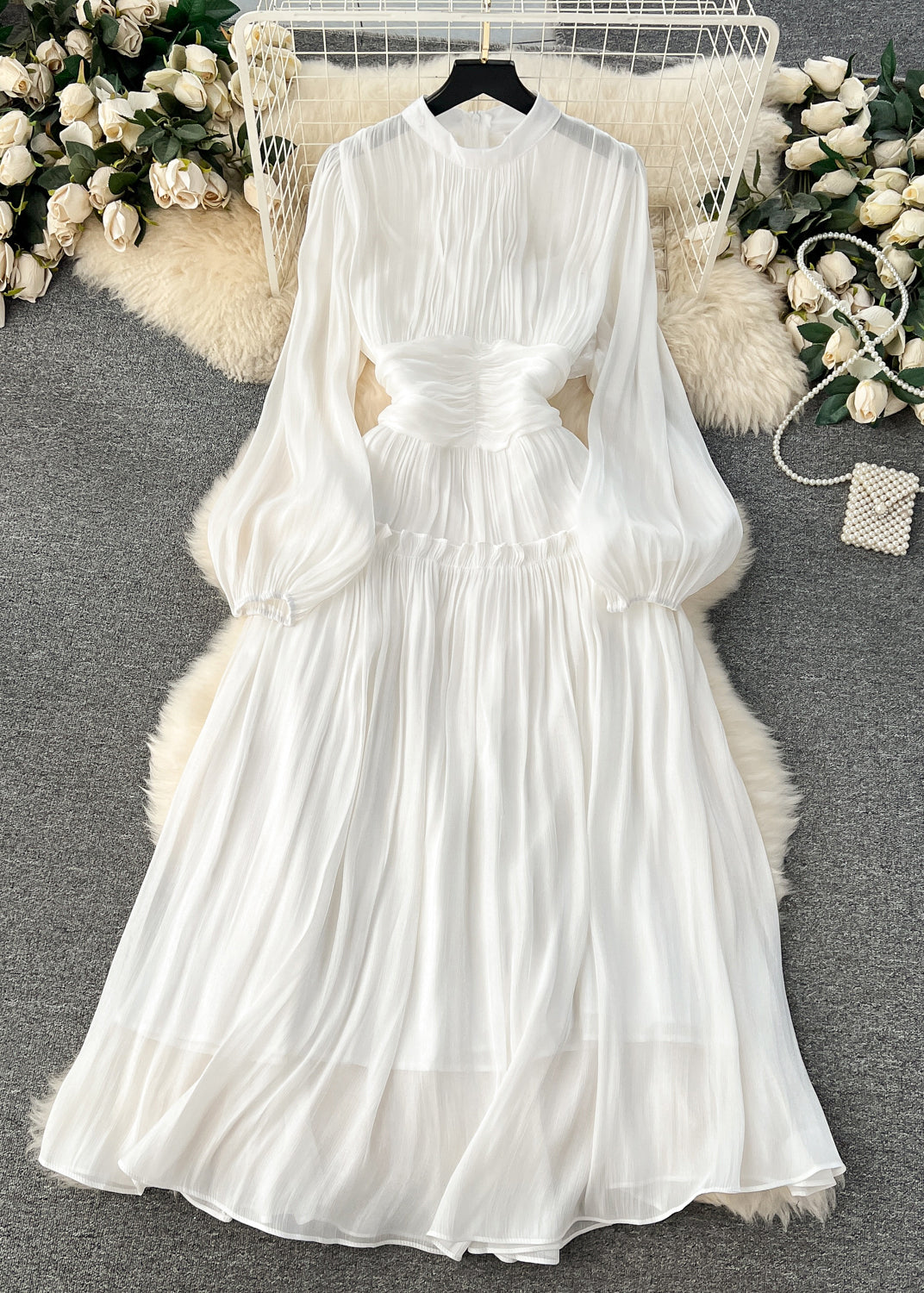 Accordion Pleat Mock Neck Lantern Sleeve Smocked Waistband Maxi Dress