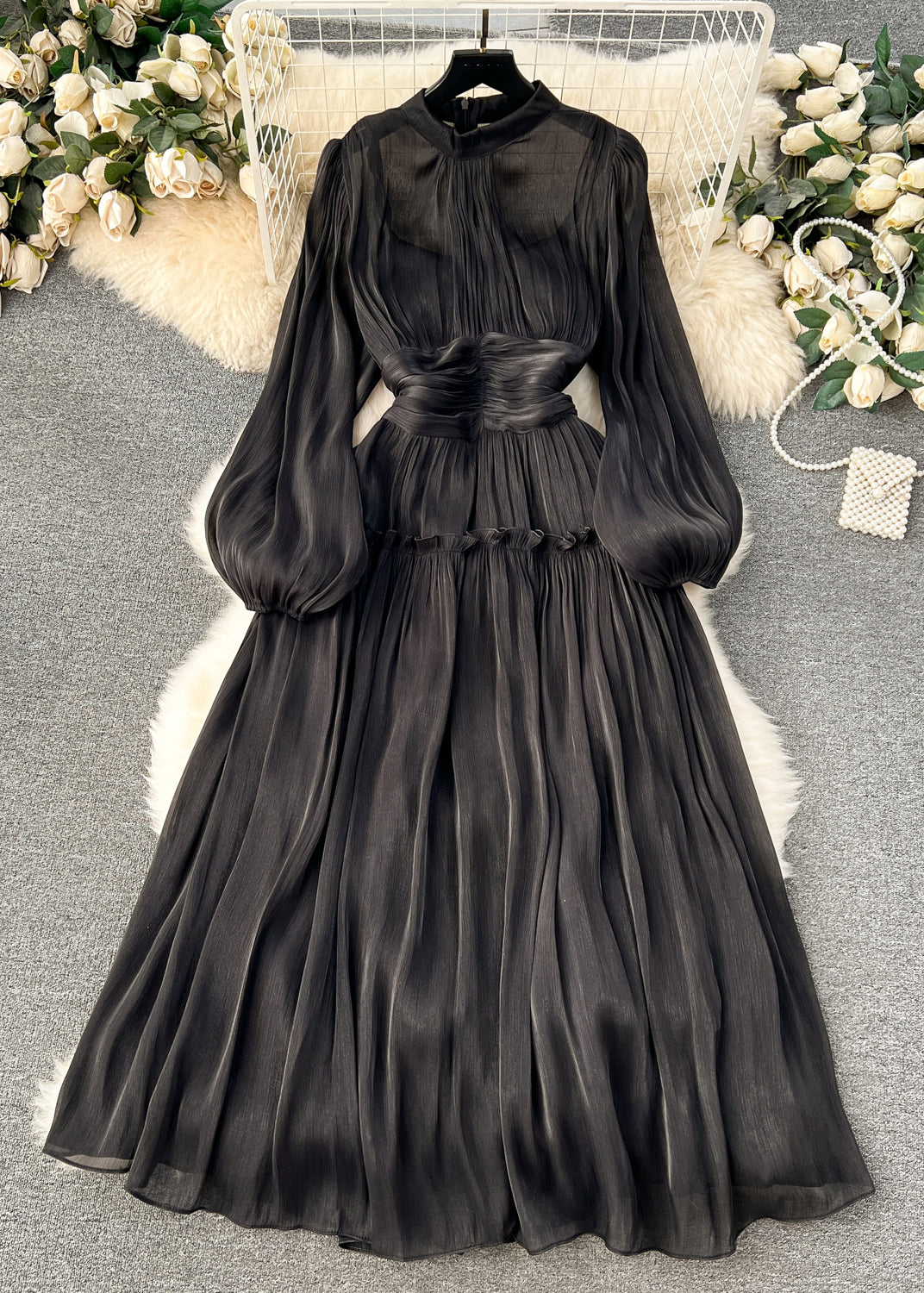 Accordion Pleat Mock Neck Lantern Sleeve Smocked Waistband Maxi Dress