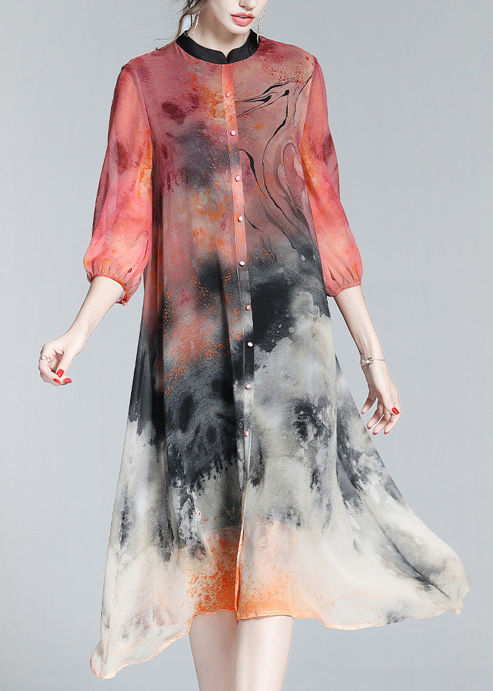 Abstract Print Mandarin Collar Button Down Three Quarter Sleeve Midi Shirt Dress