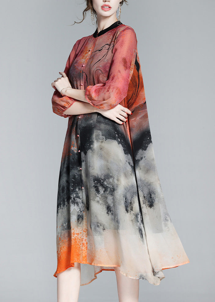 Abstract Print Mandarin Collar Button Down Three Quarter Sleeve Midi Shirt Dress