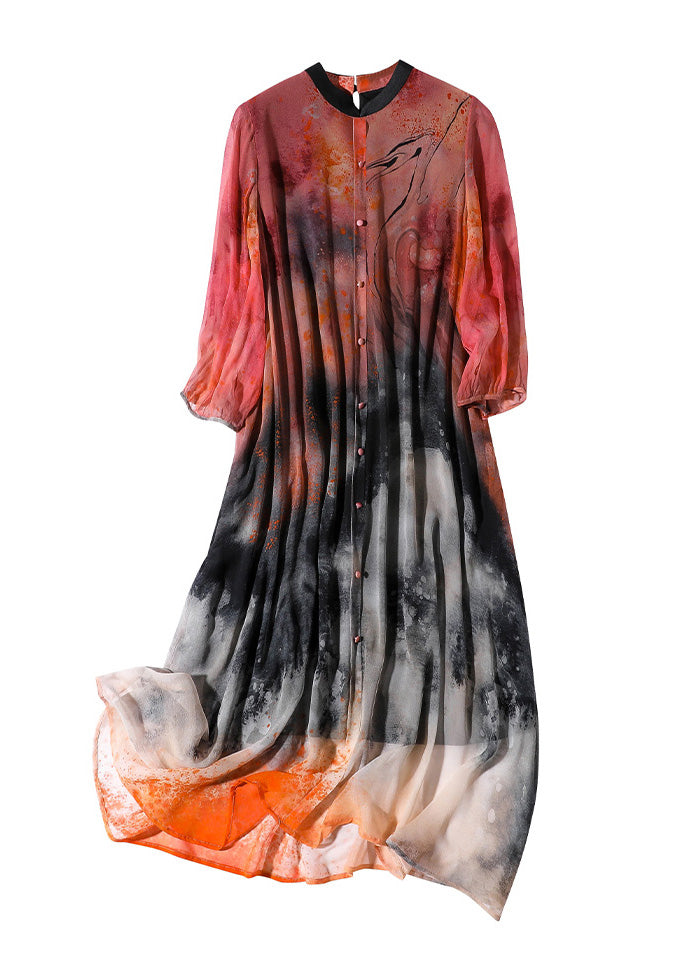 Abstract Print Mandarin Collar Button Down Three Quarter Sleeve Midi Shirt Dress
