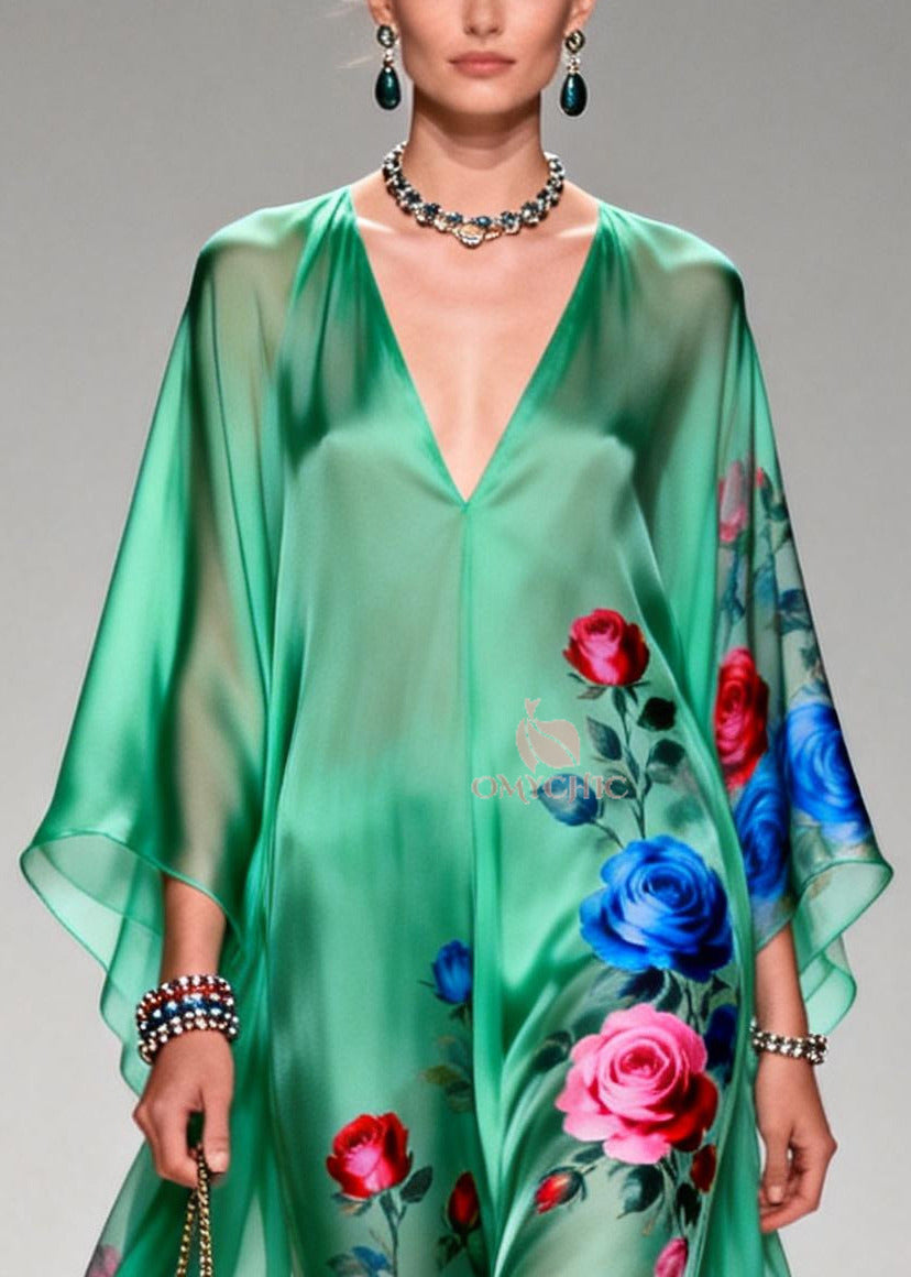 Art Tea Green Oversized Floral Print Chiffon Long Dresses Summer