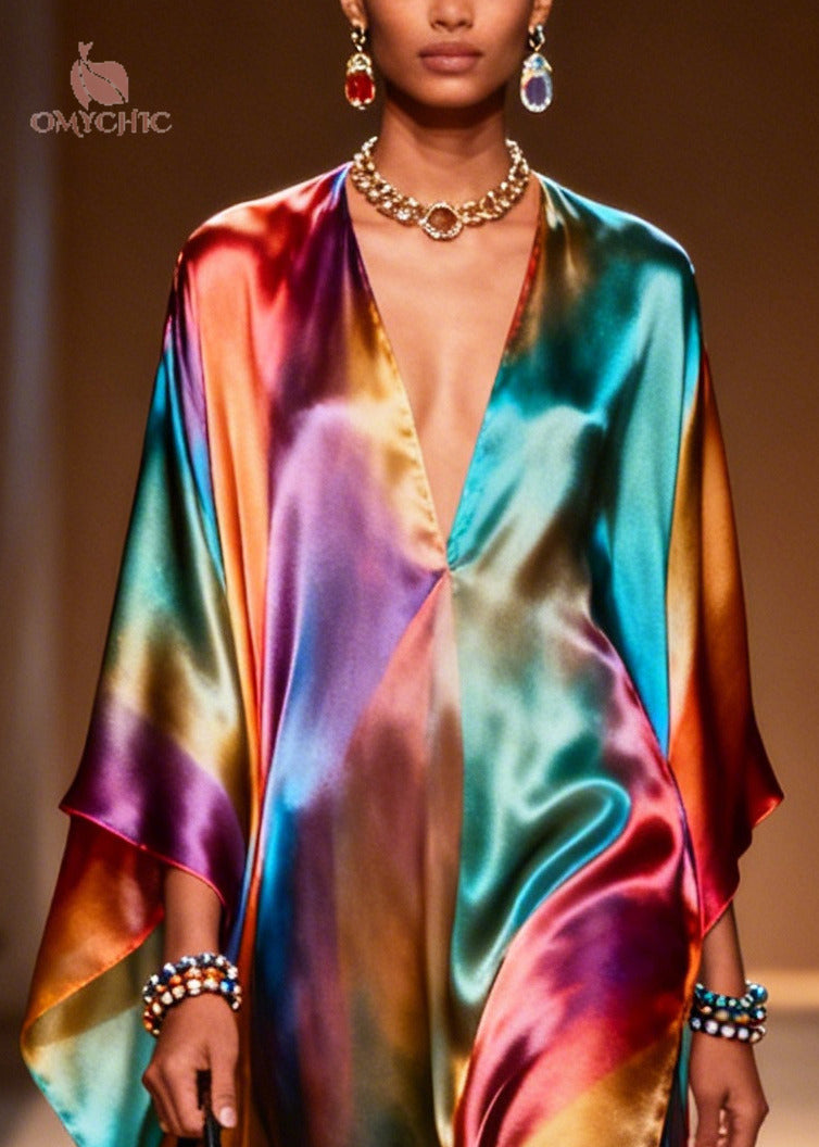 Tie Dye Deep V-Neck Batwing Sleeve High Split Satin Kaftan Maxi Dress