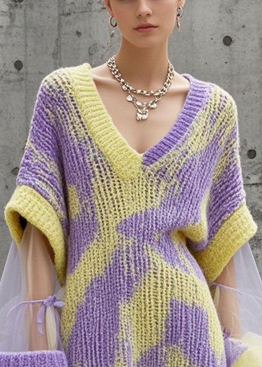Abstract Chunky Knit Layered Mesh Ruffle Hem Oversized Mini Dress