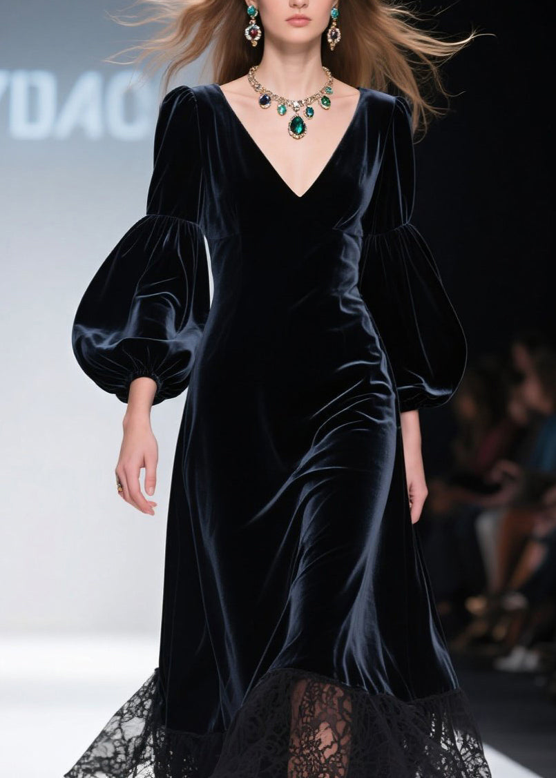 V-Neck Lantern Sleeve Velvet Lace Hem Maxi Dress 2