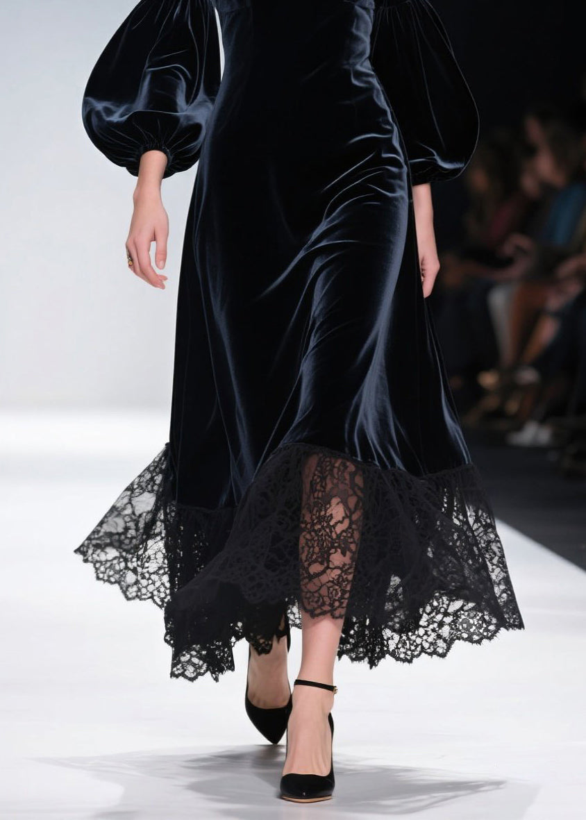 V-Neck Lantern Sleeve Velvet Lace Hem Maxi Dress 4
