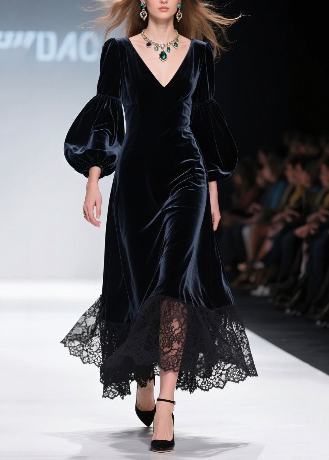 V-Neck Lantern Sleeve Velvet Lace Hem Maxi Dress 5