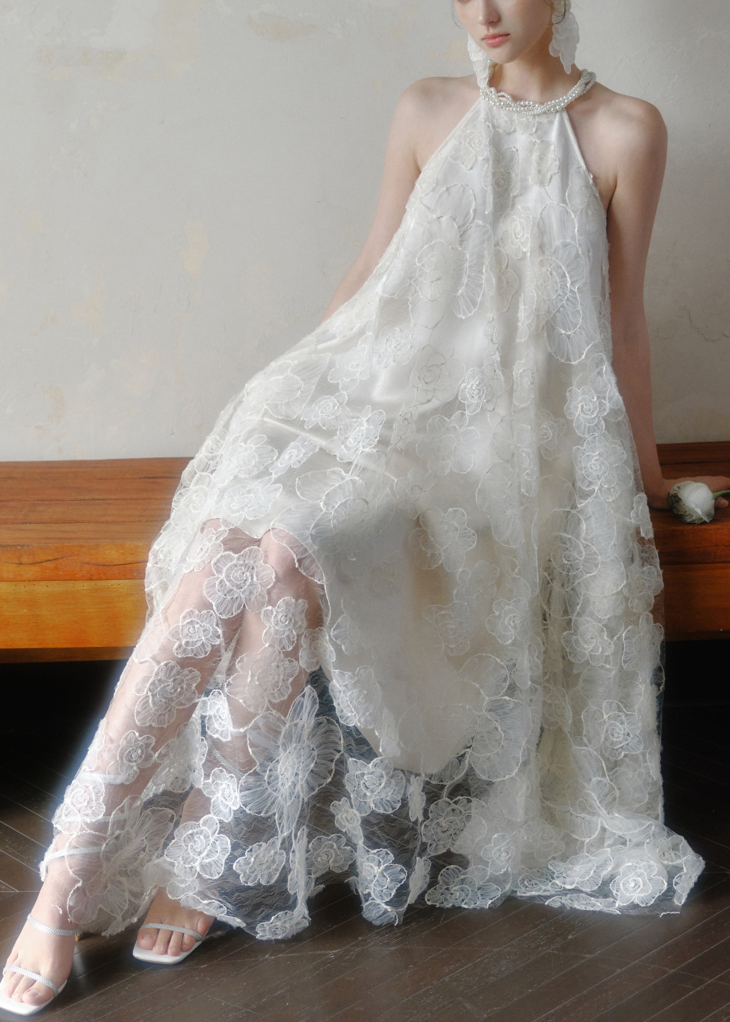 Floral Lace Pearl Trim Halter Neck Asymmetric Handkerchief Hem Sleeveless Dress