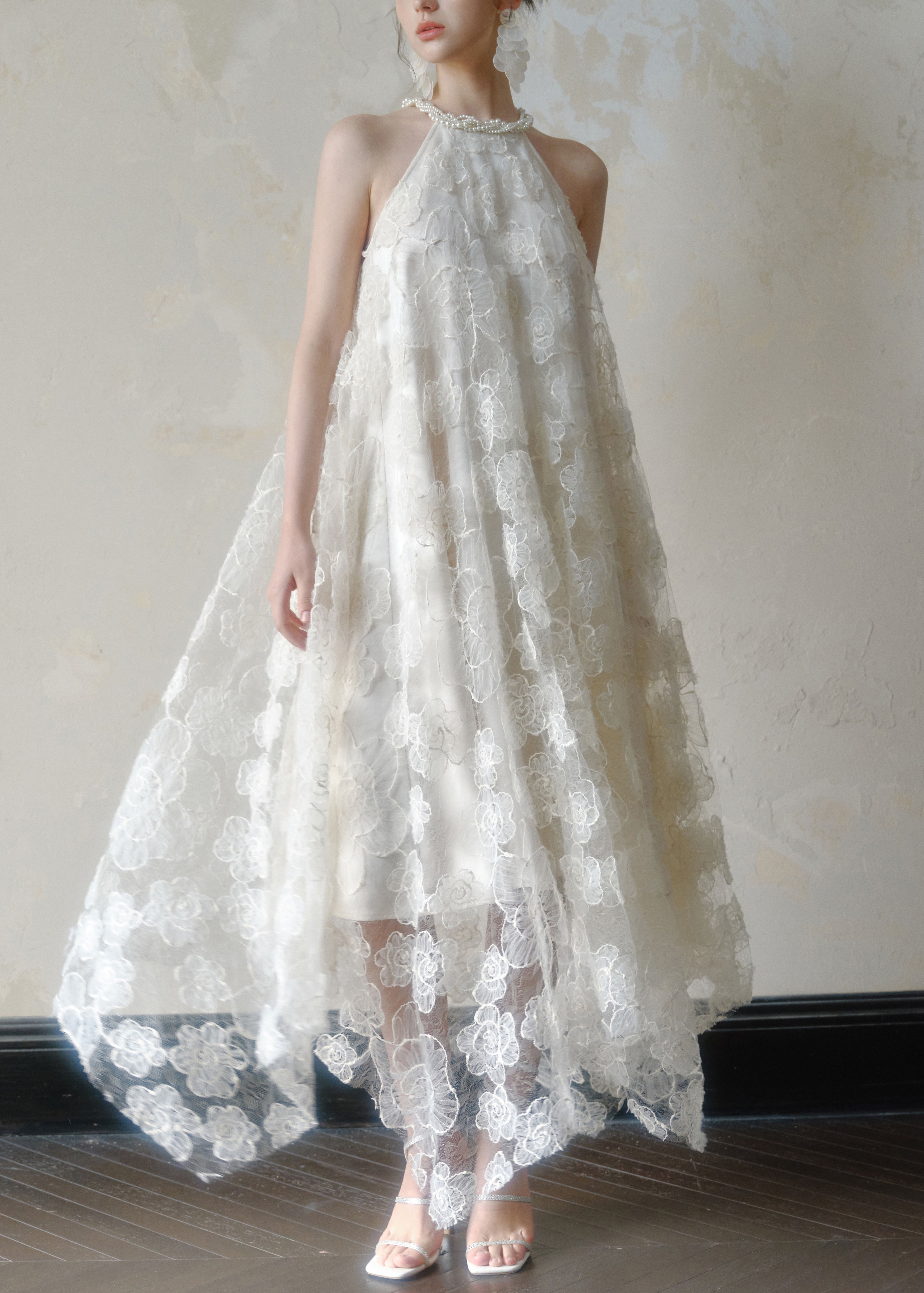 Floral Lace Pearl Trim Halter Neck Asymmetric Handkerchief Hem Sleeveless Dress