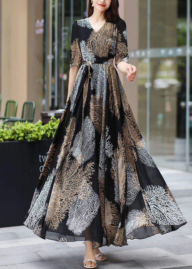 Chiffon V-Neck Short Sleeve Tie Belt Abstract Print A-Line Maxi Dress