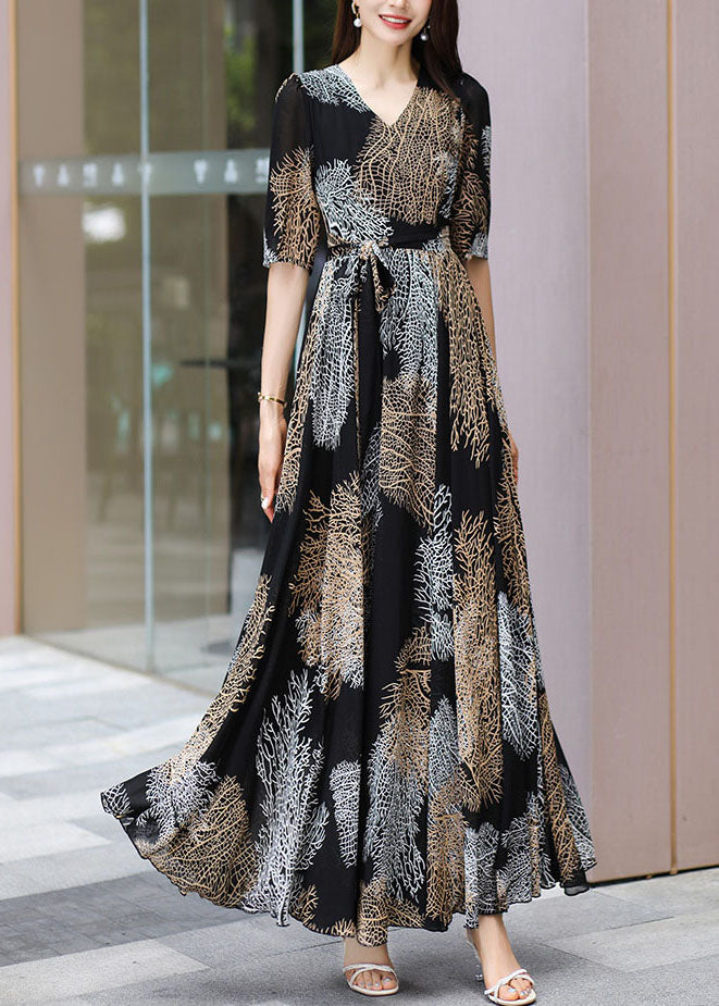 Chiffon V-Neck Short Sleeve Tie Belt Abstract Print A-Line Maxi Dress