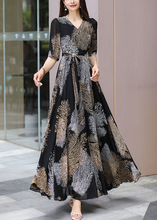 Chiffon V-Neck Short Sleeve Tie Belt Abstract Print A-Line Maxi Dress