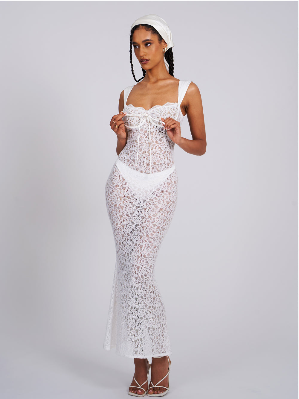 Sheer Lace Sweetheart Wide Strap Bodycon Maxi Dress 26