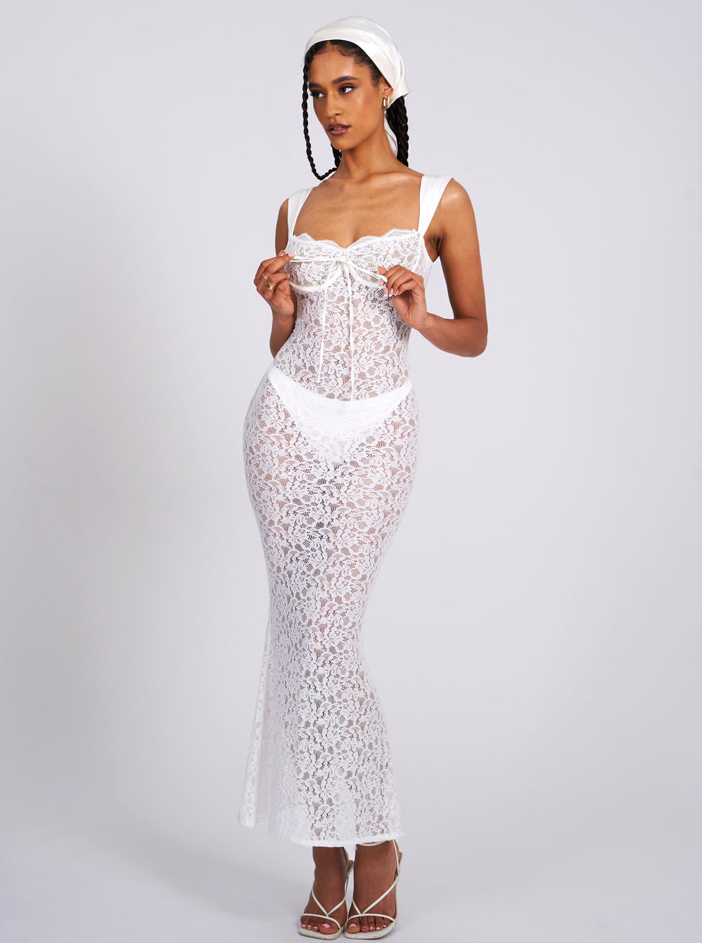 Sheer Lace Sweetheart Wide Strap Bodycon Maxi Dress 18