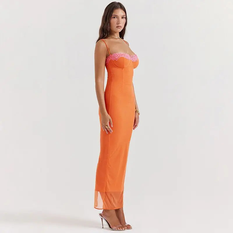 Mesh Spaghetti Strap Lace Trim Bustier Bodycon Maxi Dress 3