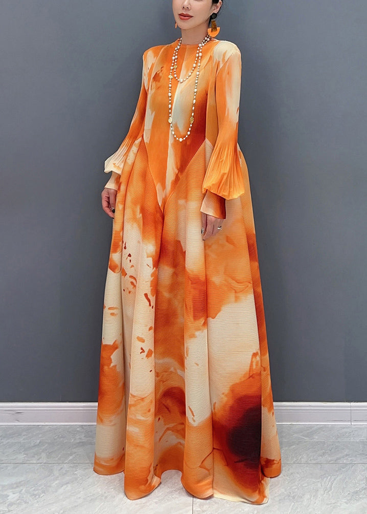 Plissé Pleated Chiffon Bell Sleeve Maxi Dress