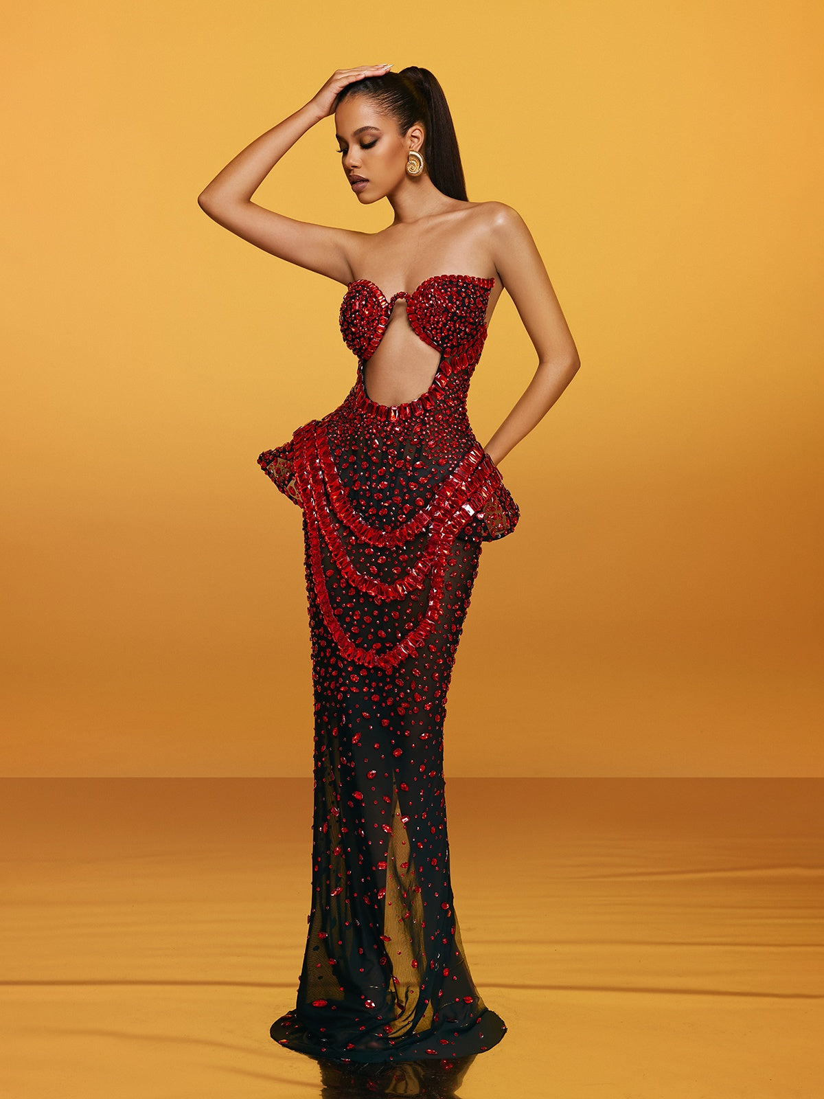 Strapless Cutout Crystal Maxi Dress In Wine - View 2