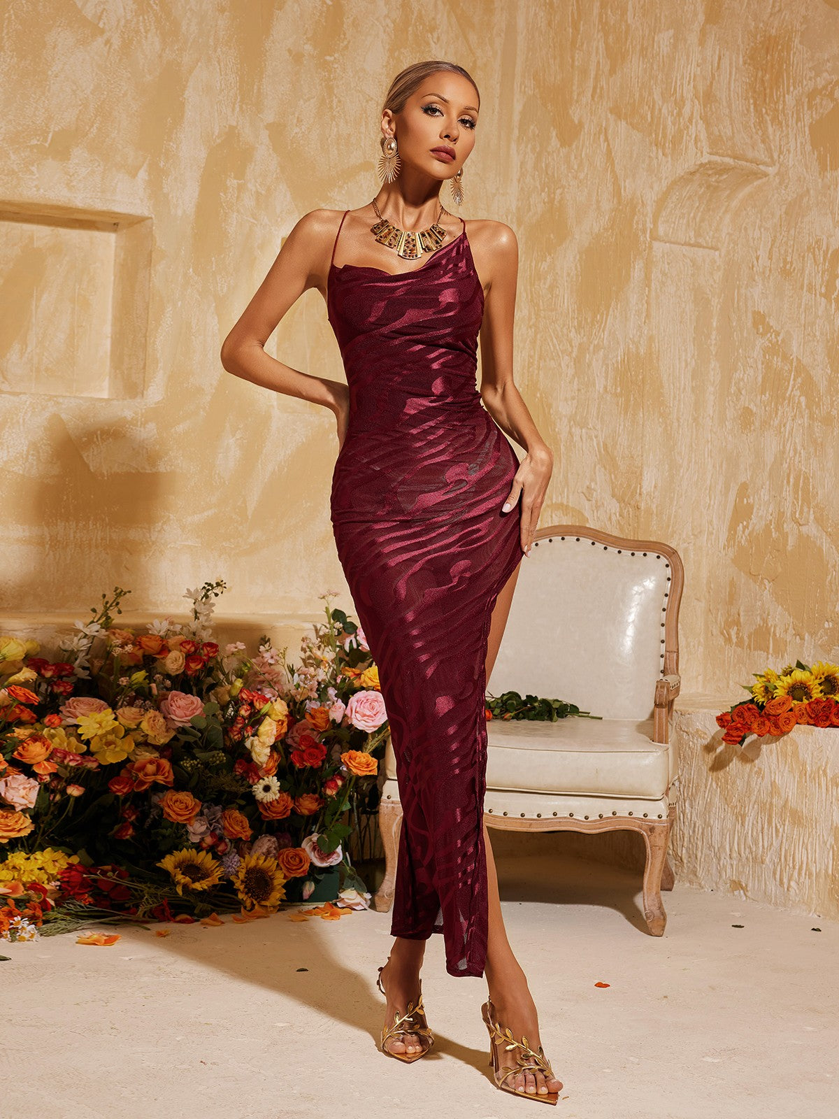 Backless Split Velvet Midi Dress
