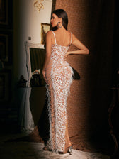 Spaghetti Pearl Feather Maxi Dress - View 6