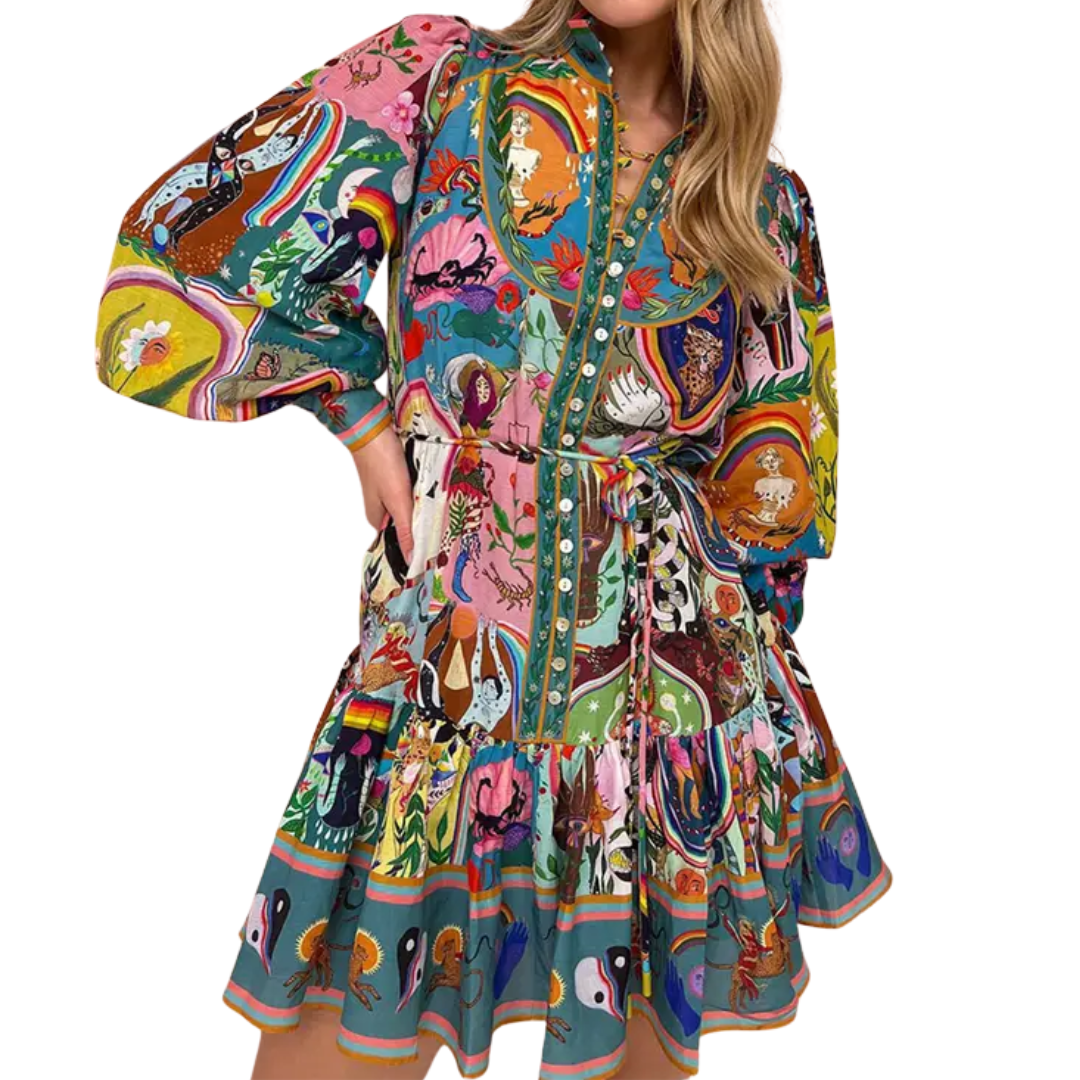 Bohemian Print V-Neck Long Sleeve Tiered Ruffle Mini Dress