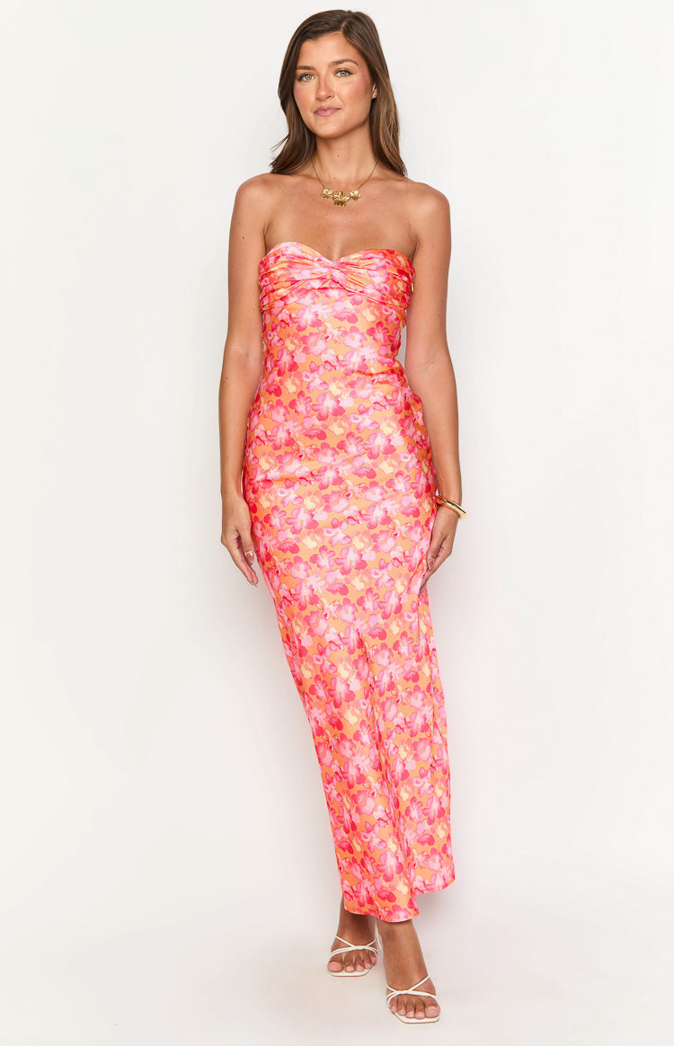 Abstract Floral Print Satin Strapless Twist Front Formal Maxi Dress 3