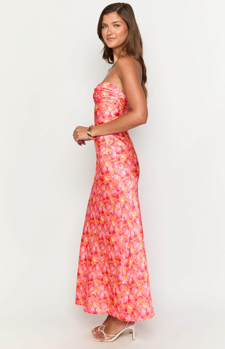 Abstract Floral Print Satin Strapless Twist Front Formal Maxi Dress 4