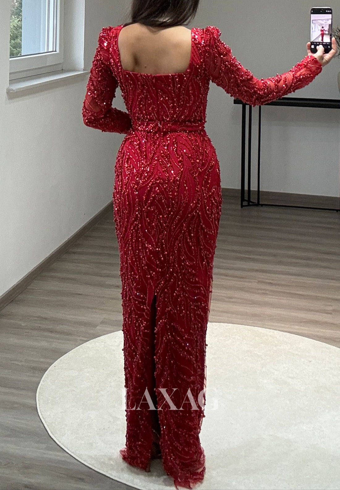 Square-Neck Long Sleeves Pleated Mermaid Prom Dress Beaded Sequined Floor-Length Evening Gowns