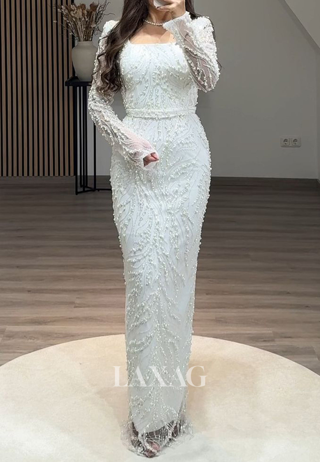 Square-Neck Long Sleeves Pleated Mermaid Prom Dress Beaded Sequined Floor-Length Evening Gowns