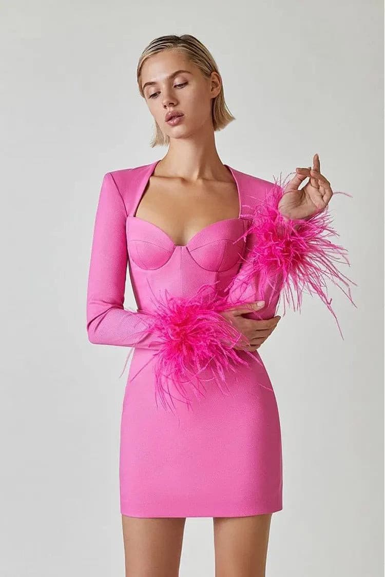 Feather Cuff Sweetheart Bustier Long Sleeve Bodycon Mini Dress