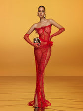 Strapless Pearl Mesh Maxi Dress