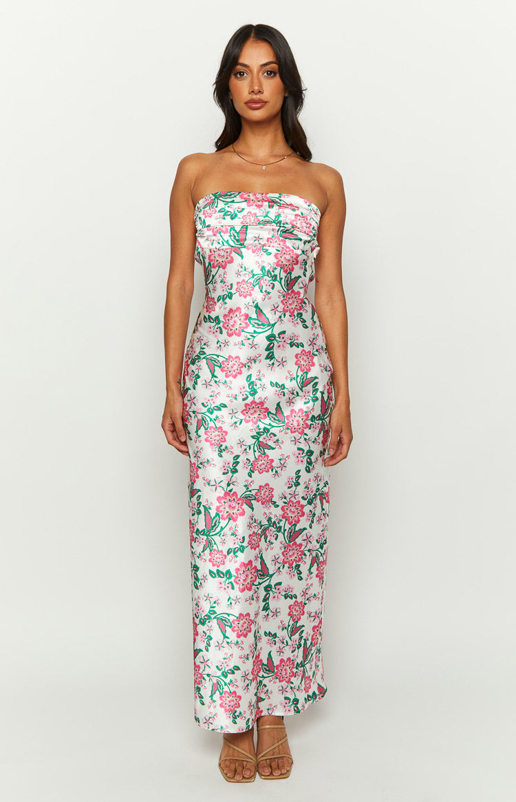 Floral Print Satin Strapless Ruched Bust Maxi Dress