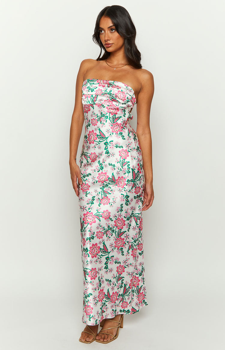 Floral Print Satin Strapless Ruched Bust Maxi Dress 2