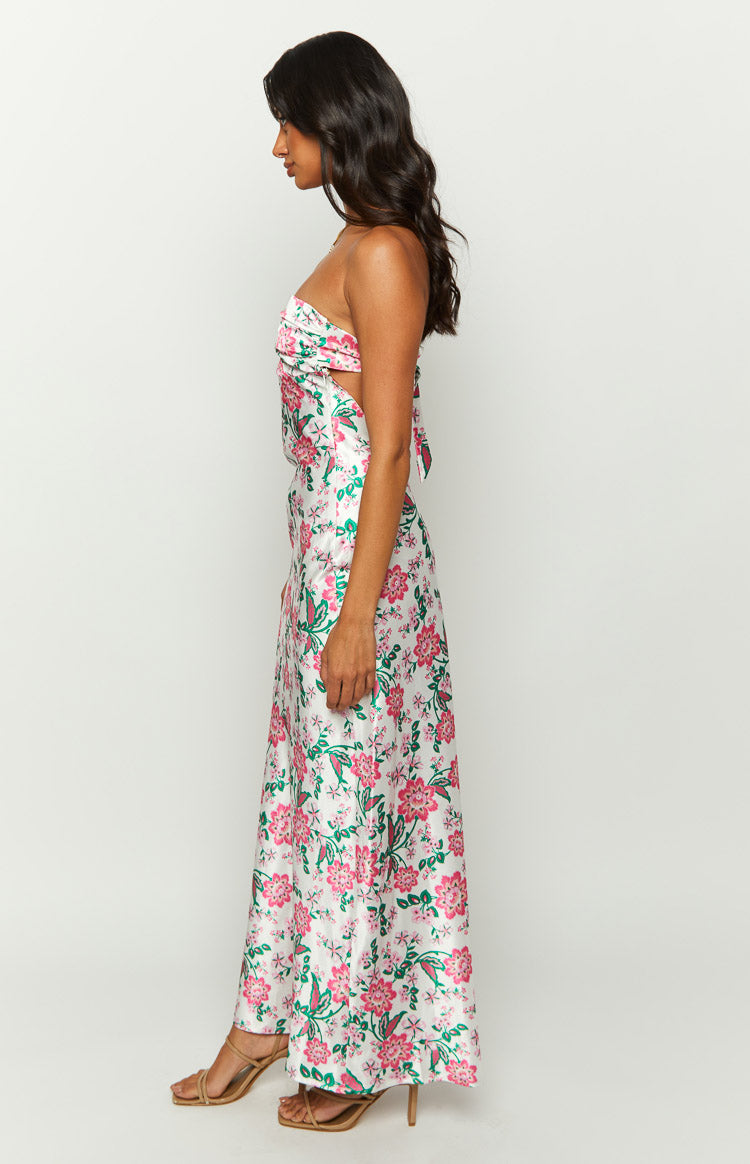 Floral Print Satin Strapless Ruched Bust Maxi Dress 3