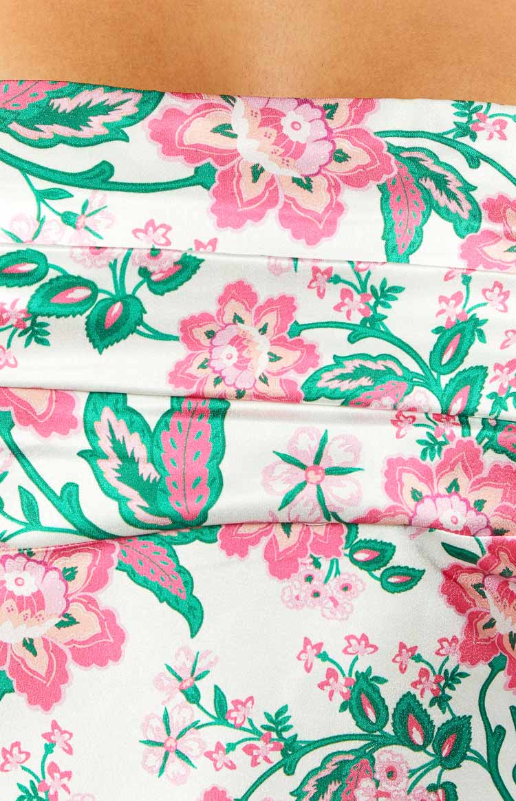 Floral Print Satin Strapless Ruched Bust Maxi Dress 5
