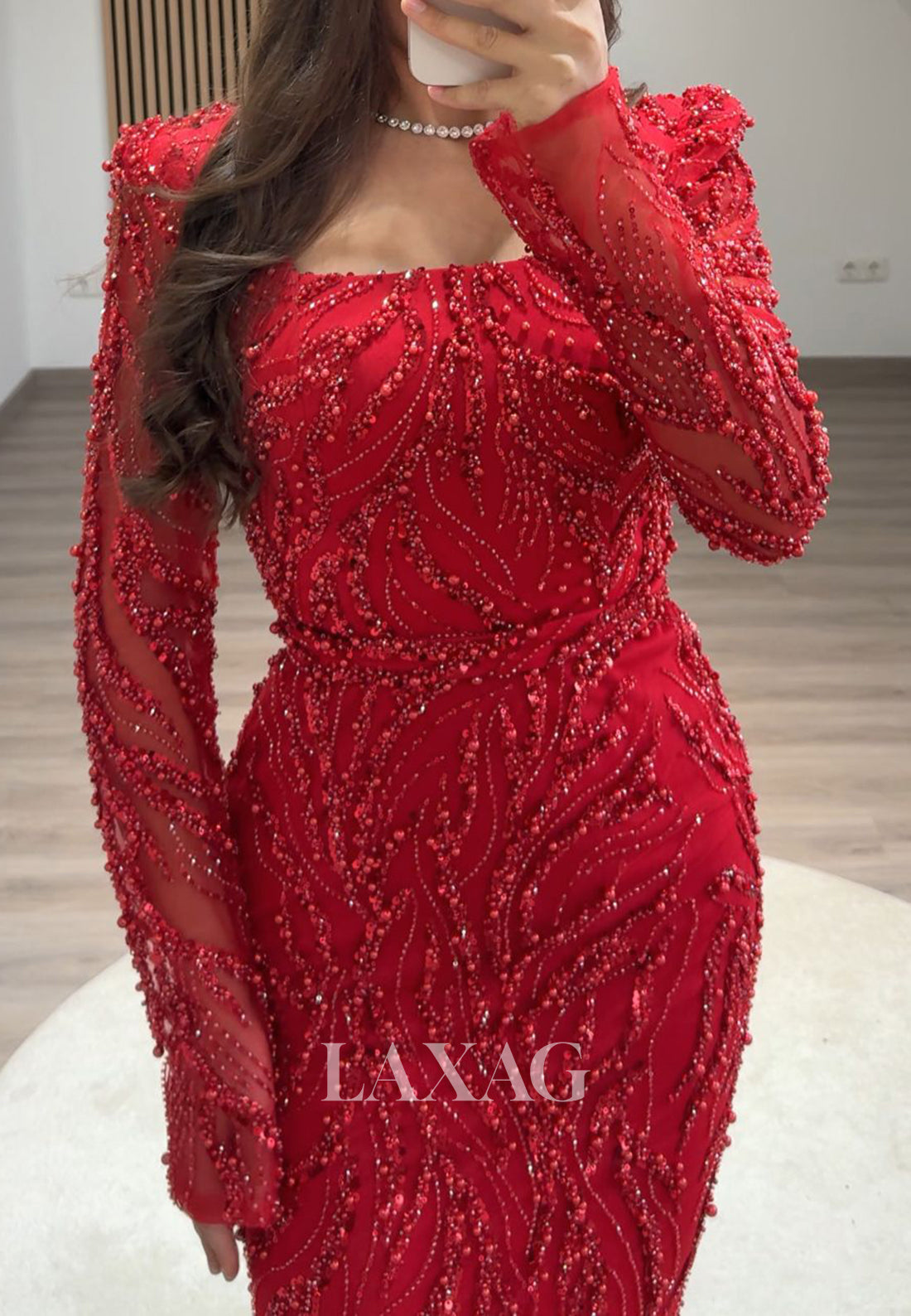 Square-Neck Long Sleeves Pleated Mermaid Prom Dress Beaded Sequined Floor-Length Evening Gowns
