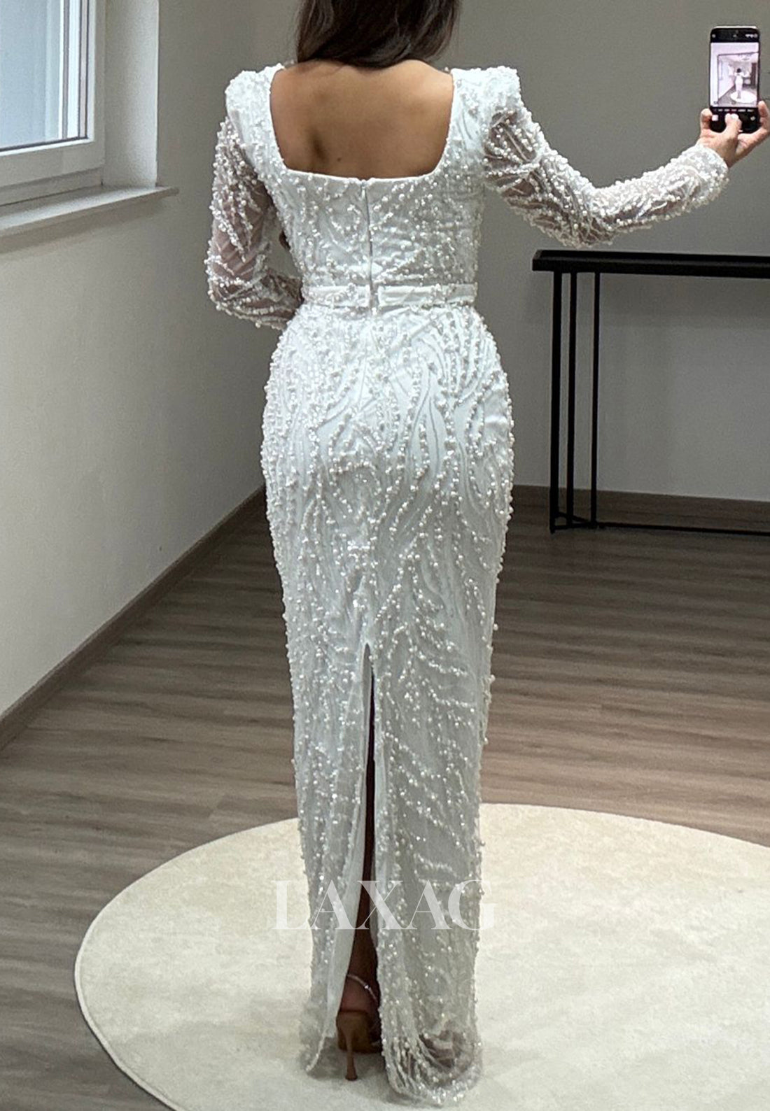 Square-Neck Long Sleeves Pleated Mermaid Prom Dress Beaded Sequined Floor-Length Evening Gowns