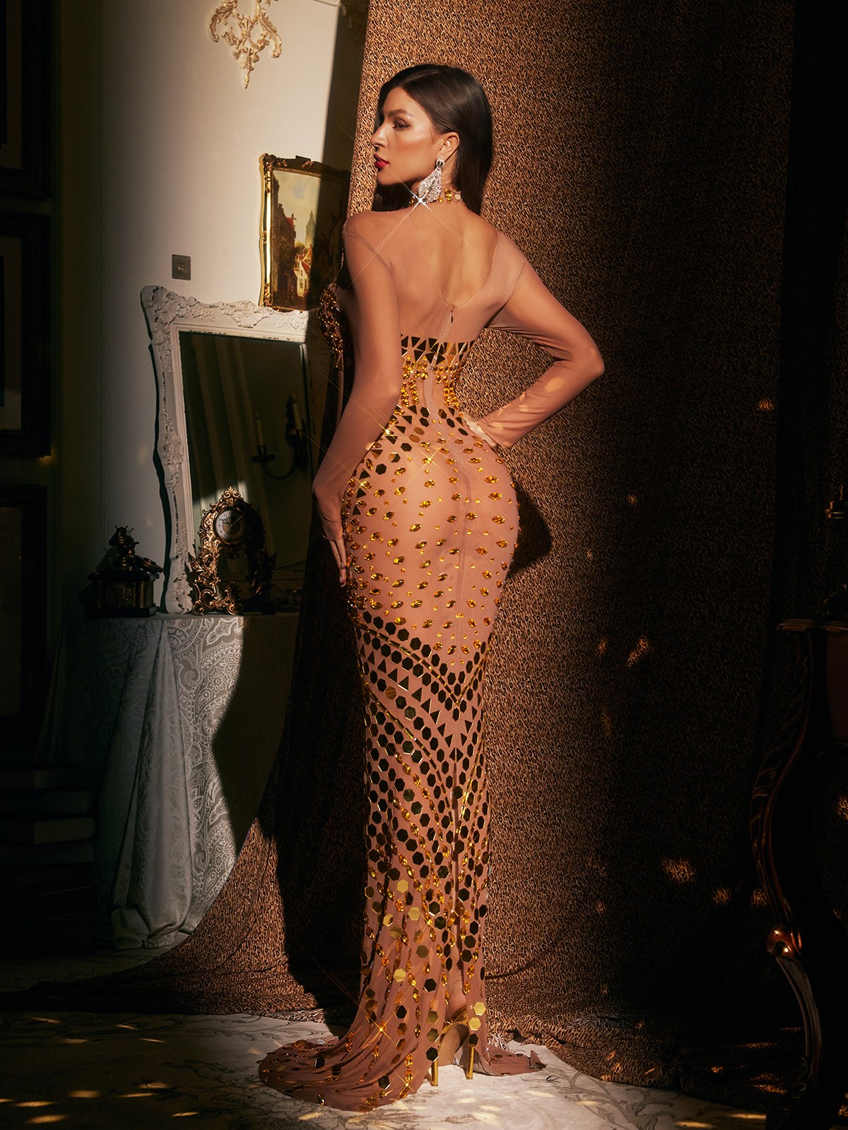 Cutout Embellished Mesh Maxi Dress - View 6