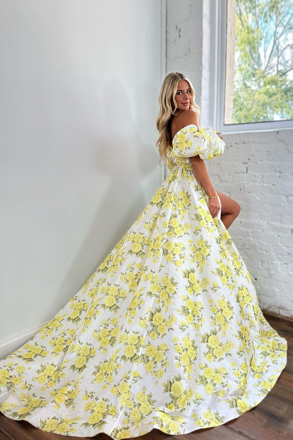 Yellow A-Line Off The Shoulder Puff Sleeves Long Prom Dress With Slit
