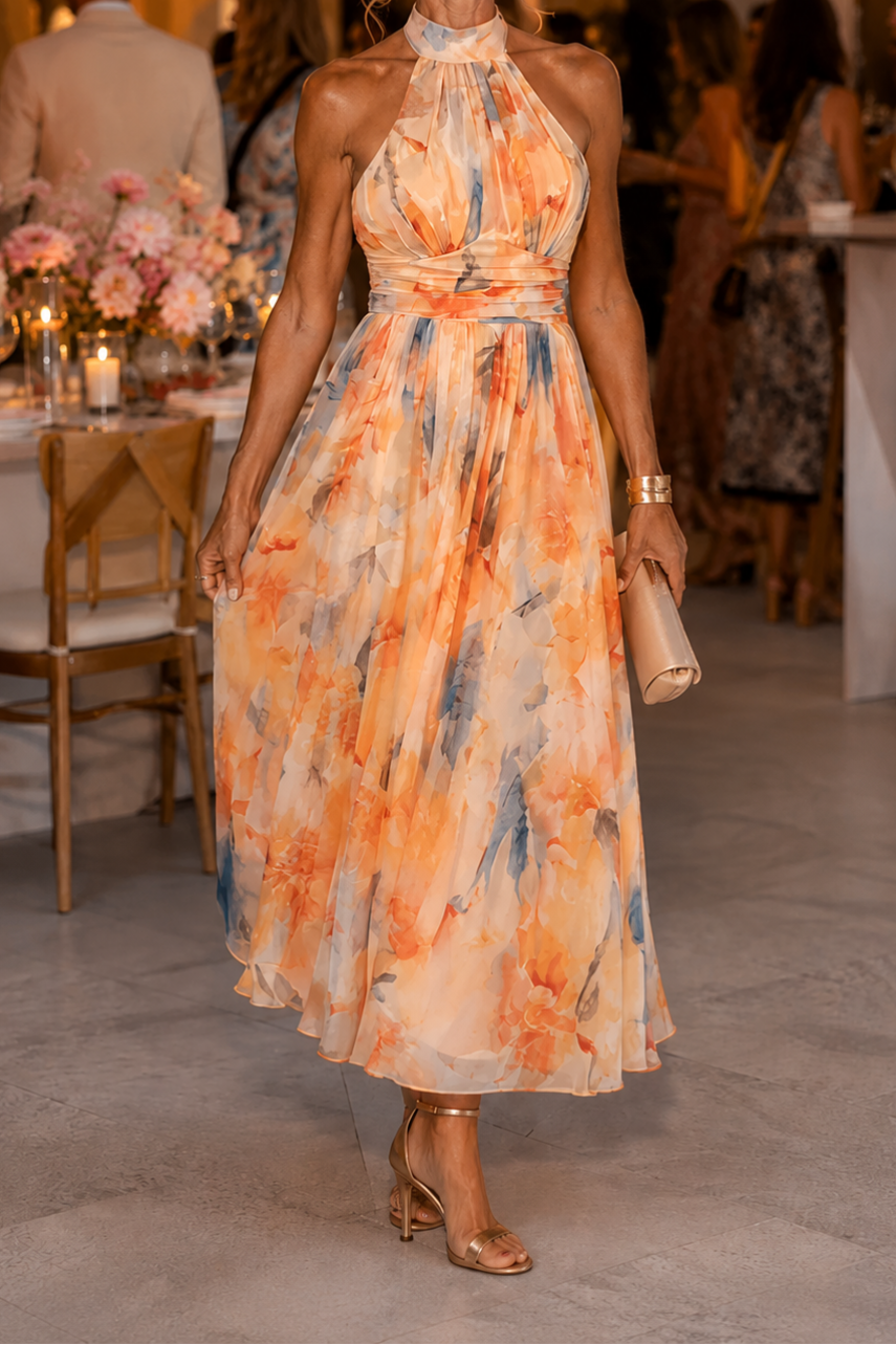 Floral Print Halter Neck Fit and Flare Maxi Dress