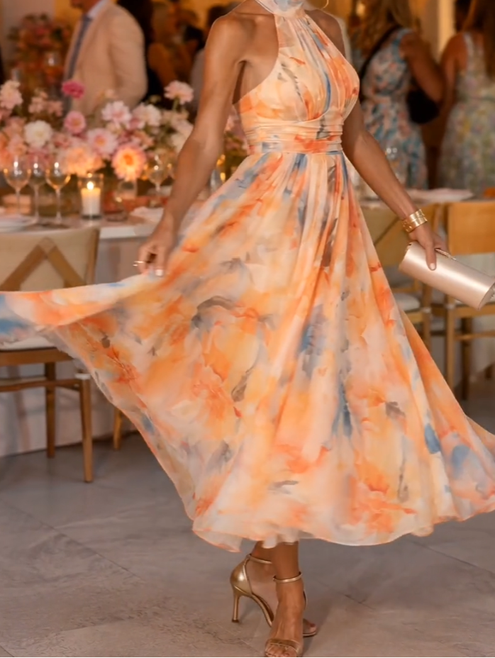 Floral Print Halter Neck Fit and Flare Maxi Dress